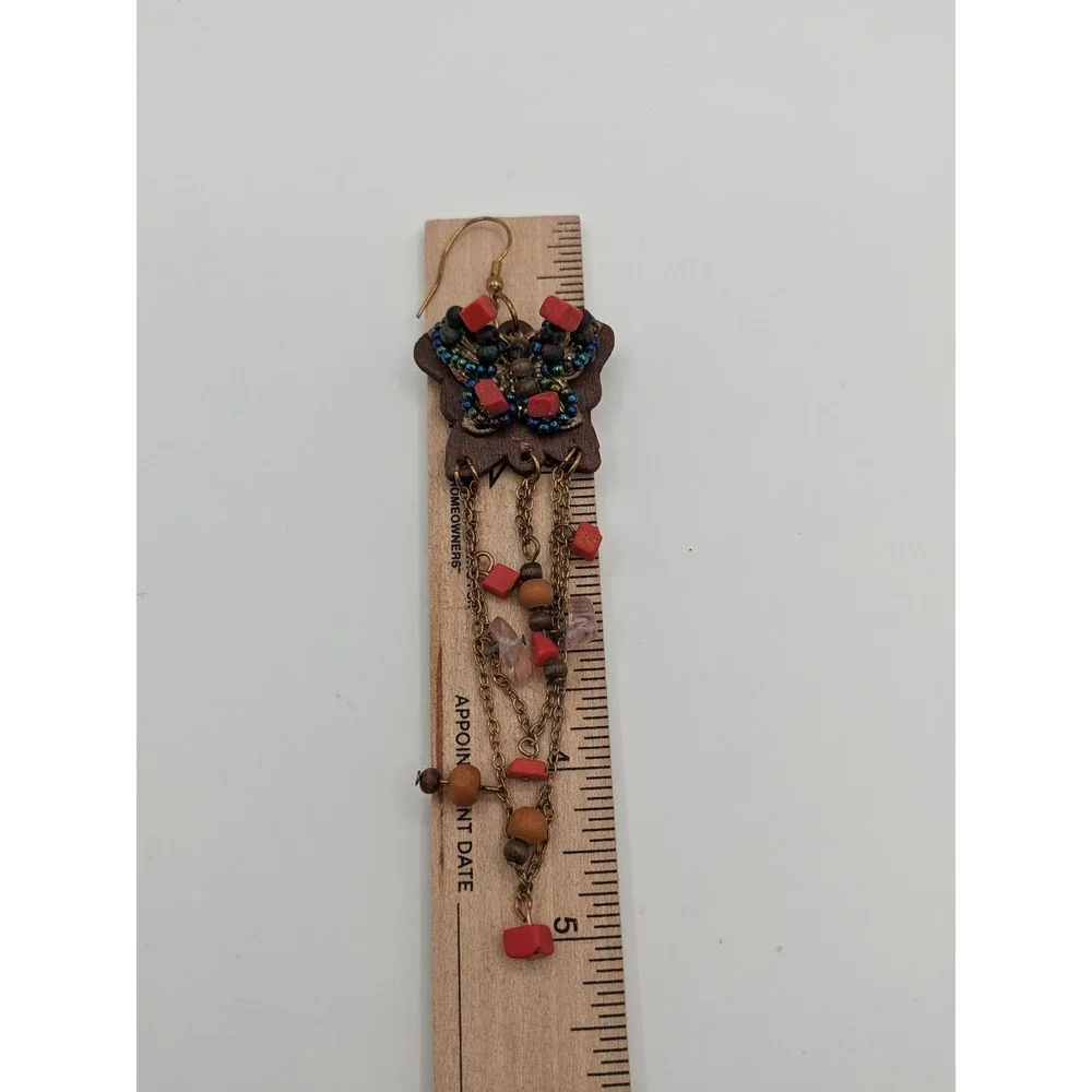 Bohemian Wood Butterfly Dangle Earrings Beaded Red‎ Bronze Tiered Chain 5